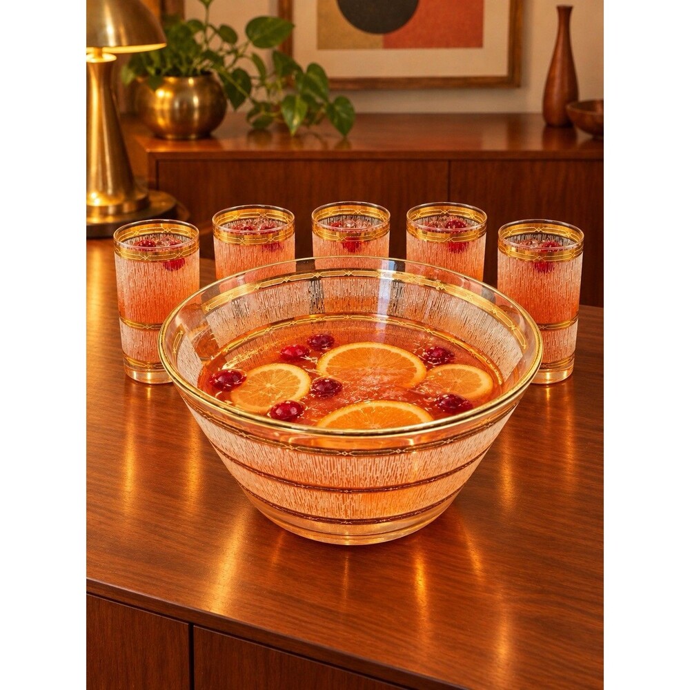 Culver MCM Gold Leaf Bamboo Glass Bowl & 5 Tumblers Set of 6